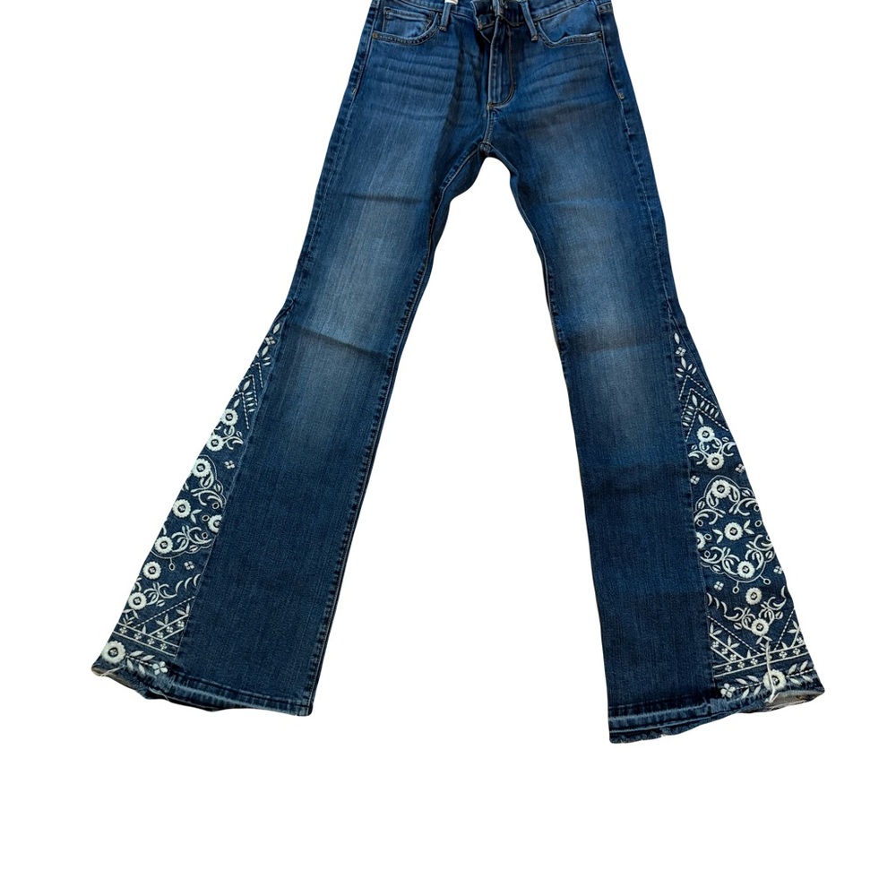 DRIFTWOOD Denim Flare Jeans with Intricate White Detailing
